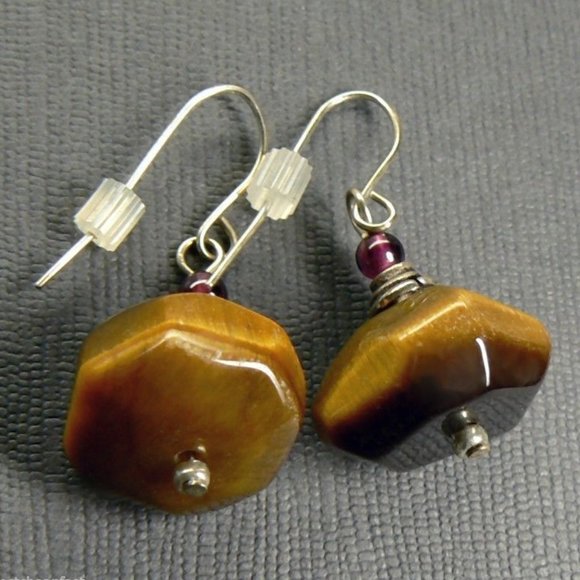 Tigers eye Garnet Sterling silver drop Earrings - Picture 1 of 2